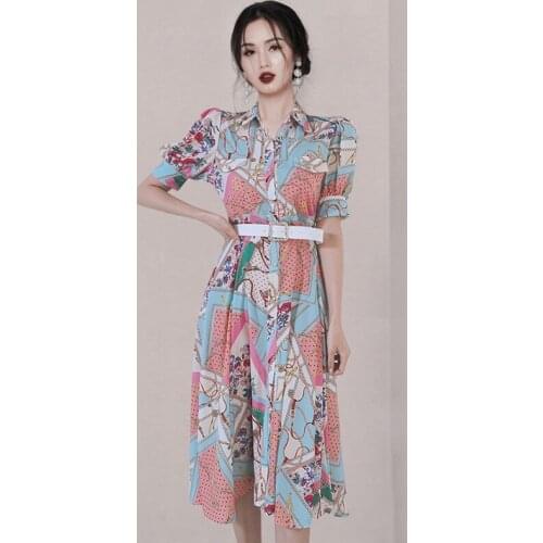 2021 Summer New Women Vintage Printing Dress Fashion Korean Style Slim Work Party Dresses Simple Single Breasted Shirt Vestidos