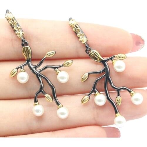 51x25mm SheCrown Bohemia Design 5.4g Vintage White Pearl Black Metal Silver Earrings Daily Punk Hollow
