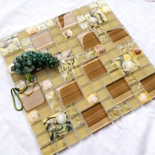 Beige Yellow Resin Shell Crystal Glass Mosaic Tile, DIY Kitchen Backsplash Bathroom Fireplace Waist Line Wall Decor