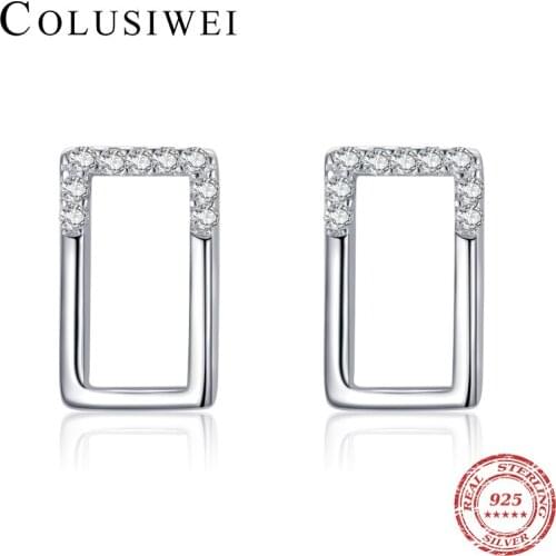 Colusiwei New 925 Sterling Silver Luminous Zirconia Hollow Geometric Rectangle Stud Earring for Women Wedding Engagement Jewelry