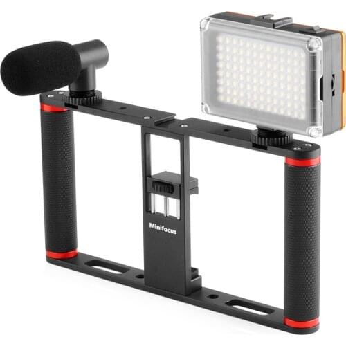 Smartphone Video Rig Cage Mount Holder Handle Grip with Microphone Mic LED Light Vlog Kit for Mobile Phone Filmmaking Videomaker