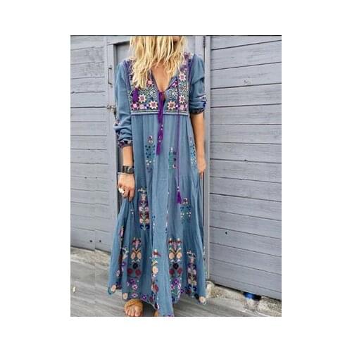 DUISNENA long blue boho dress Spring/Autumn dress casual floral print vintage long sleeve robe women dresses vestidos