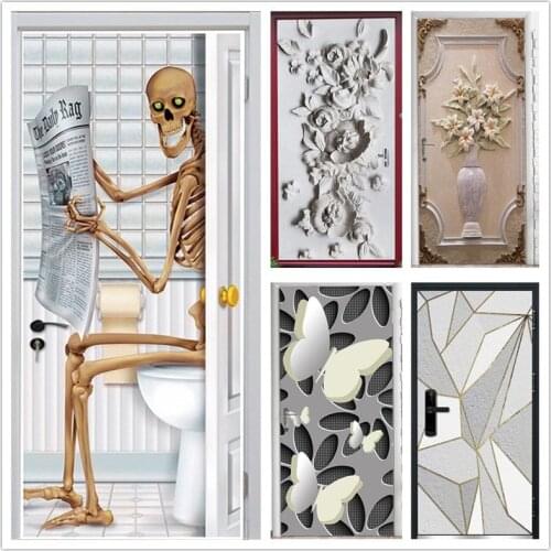Creative Skeleton Door Stickers Embossed Flower Pattern PVC Self-adhesive Wallpaper Home Decor Murals Refrigerator Art Posters