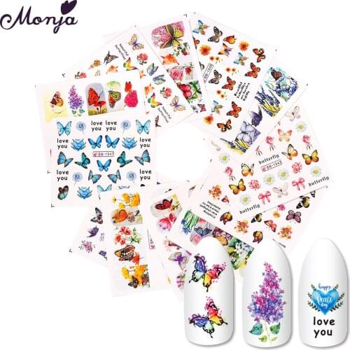 Monja 12Pcs/Kit Nail Art Water Transfer Sticker Flower Butterfly Pattern Series Watermark Nail Tips Decals Manicure Decorations