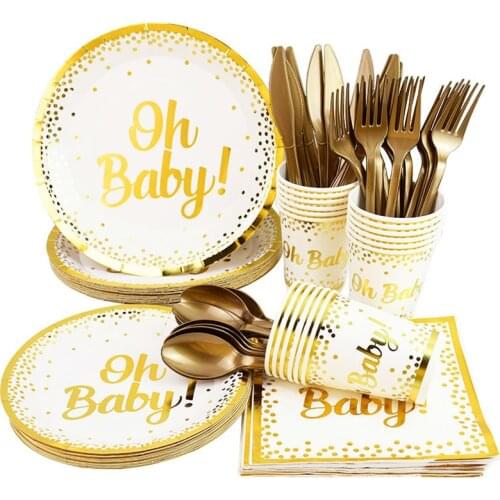 Oh Baby Gold Dot Disposable Tableware Set Boy Girl Baby Shower Favor Gender Reveal Balloon Banner Kids Birthday Party Decoration