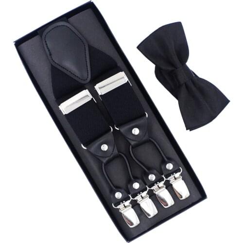 New Suspenders Set leather 6 Clips Braces with Bow Tie Vintage Casual Suspensorio Trousers Strap Father/Husbands Gift