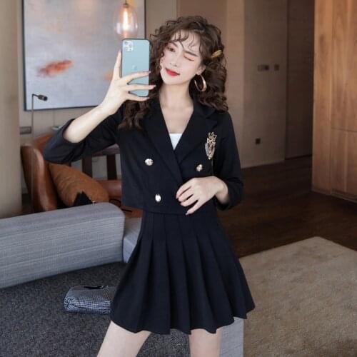 Autumn fashion comfortable formal skirt suits new arrival Double breasted short blazer and mini a-line skirt black skirt suits