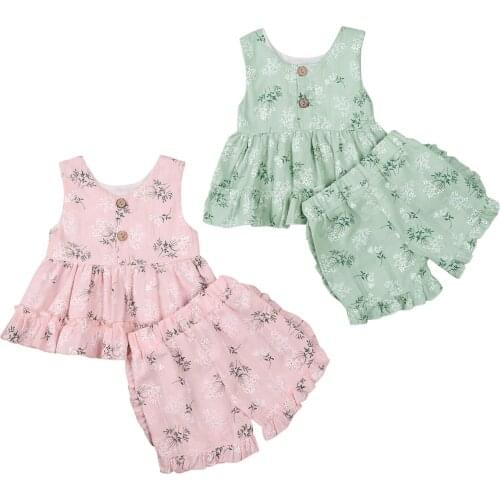 0-4Y Toddler Summer Fashion Infant Baby Sleeveless Ruffle Floral Print Vest Tops Shorts Set Kids Clothes Girls
