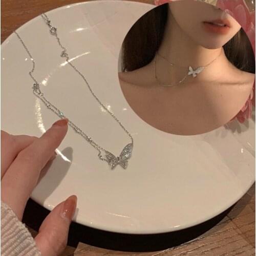 Dazzling Rhinestone Butterfly Choker Necklace Multi Layer Chain Silver Color Simple Clavicle Necklace Korean Party Jewelry