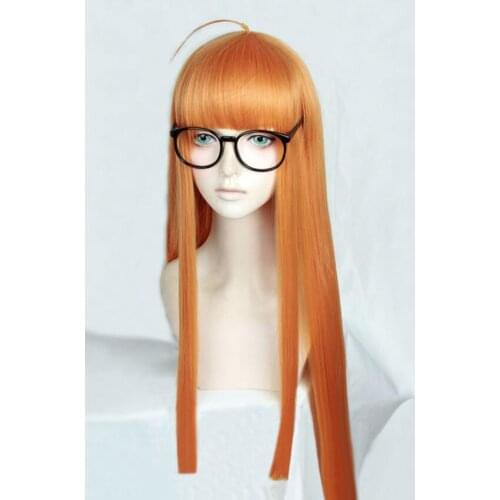 Game P5 Persona5 Futaba Sakura Cosplay Wig Long Straight Citrus Orange Heat Resistant Synthetic Hair Wig + Wig Cap + Glasses