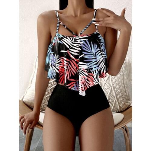 Sexy High Neck Leaf Print Hollow Out Bikini Set Ruffle Bikinis Women Push Up Swimwear Ruffled High Waisted Bathing Suit Swimsuit