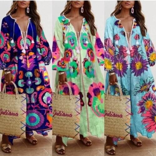 Print Dress For Women V Neck Puff Sleeve Plus Size Bandage Knee Length Bohemian Long Female 2021 Spring Fashion