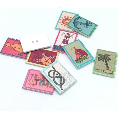 50pc Multicolor Painted Square Stamp Wood Buttons Handmade Decorative Scrapbooking Button DIY Accessories 7NK227