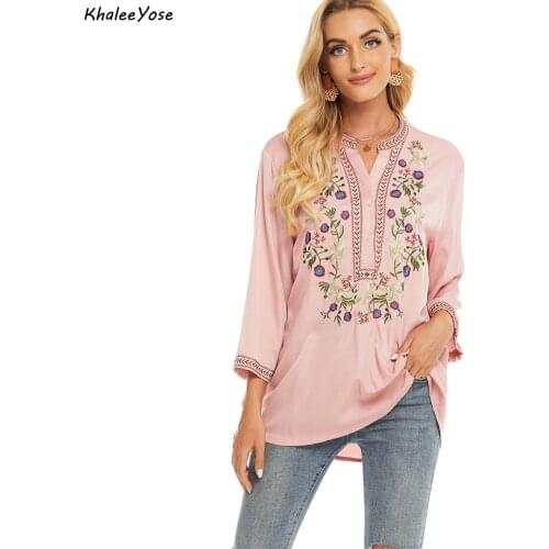 KHALEE YOSE Pink Floral Embroidery Blouse Shirt 100% Cotton Summer Mexican Women Shirt Plus Size 2xl 3Xl Ethnic Boho Lady Shirt