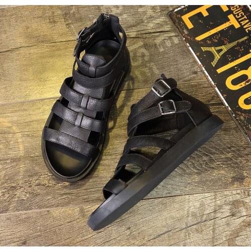 Black Fashion cool real genuine leather Roman skin sandals mens luxury quality soft sole comfortable back counter beach sandals