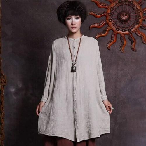 Spring autumn women literary 100% cotton linen long cardigan jacket long sleeve thin o-neck coats solid colors loose outwear