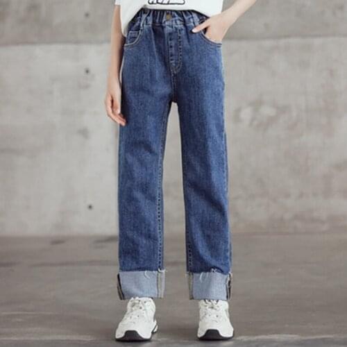 Spring Children Jeans 2021 Clothes for Teenagers Fashion Loose Turnup Solid Girls Trousers Autumn Kids Casual Pants 6 8 10 12Yrs