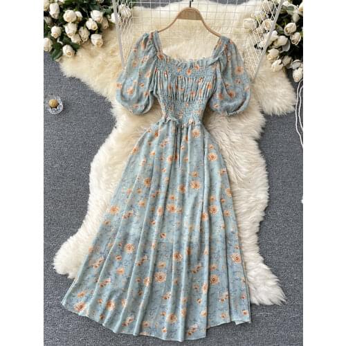 Summer Women Floral Chiffon Dress Beach Vacation Party Vestidos Female Elegant Square Collar Short Puff Sleeve High Waist Robe