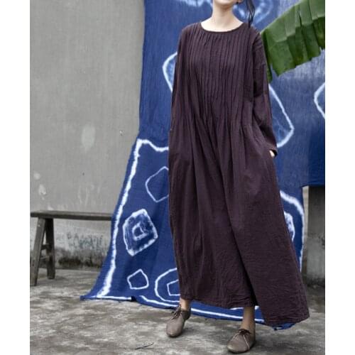Women Loose Cotton Linen Retro Dress Ladies Vintage Wrinkle Robe Dress Female Dresses 2020 Autumn Spring