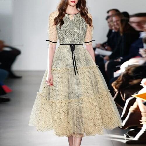 2021 Summer Fashion Vintage Dress Runway New Women Dot Mesh Patchwork High Quality Ladies Party Dresses