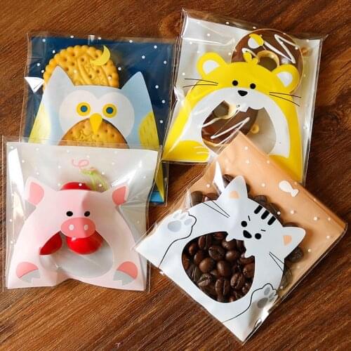 500pcs Cute Cat Owl Cartoon Candy Cookie Bags DIY Self-Adhesive Plastic Bag Wedding Birthday Party Cake Packaging Favor Bag