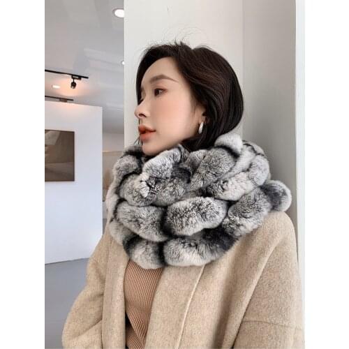 Free Shipping New Genuine Rex Rabbit Fur Scarf in Chinchilla Color Real Fur Shawl Winter Real Fur scarf Wholesale Retail OEM