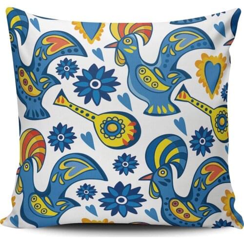 Throw Pillow Covers Square Traditional Portuguese Blue Rooster and Flower 22x22 Inch Decorative Pillowcase Cushion Case Double