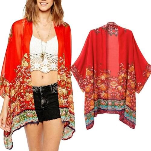 70% Hot Sell Women Floral Chiffon 3/4 Sleeve Front Open Coverup Sheer Blouse Anti-UV Cardigan