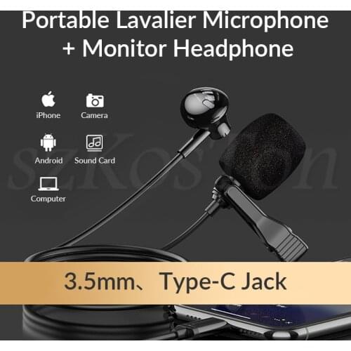 Mini Clip-on Lavalier Microphone 3.5mm Type-C Portable Condenser Microphone for Phone Computer Audio Interface Mic with Earphone