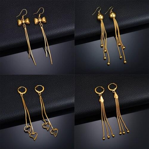 Memolissa Trendy Long Chain Earrings Gold Earrings Bow/Beads/Heart-shaped Design Pendant for Women Copper Material Earrings