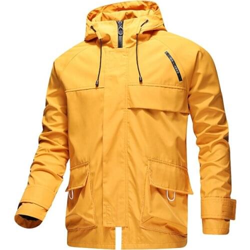 Mens Jacket Hooded Black Coat Large Stand Collar Waist Casual Outdoor Windbreaker 2020 Windproof