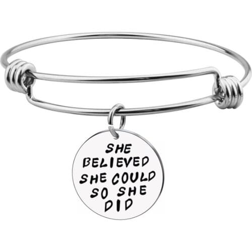 New fashion stainless bracelet for women round tag lettering she believed she could so she did inspirational bracelet trinket