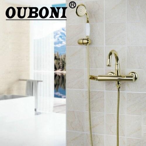 OUBONI Bathtub Wall Mount Ceramics Golden/Chrome +ABS/Ceramice Hand Spray Shower Bathroom Basin Sink Brass Tap Mixer Faucet