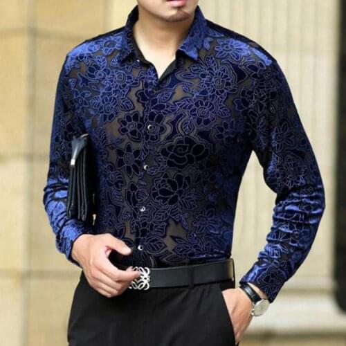 Transparent Black Sexy Velvet Shirts For Mens Club Dance Clothes For Mens Fashion See Through Silk See Through Shirts Velour Men