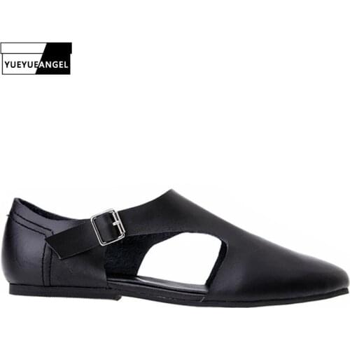 Summer Mens Flats Pointed Toe Genuine Leather Sandals Buckle Hollow Out Gladiator Shoes Vintage Man Casual Outside Beach Sandals