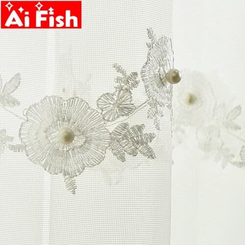 White Mosquito Net Mesh Fabric Pearl Window Curtain Tulle Embroidery Flower Sheer Drapes European Living Room Curtains M189#5