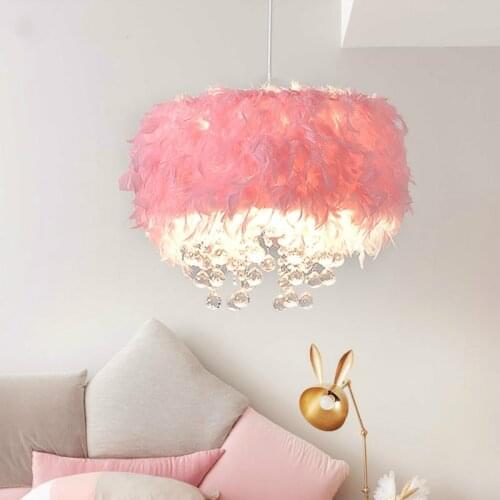 Net Red Children Feather lamp pendant light E27 Led crystal Droplight Girls & boy Bedroom pink feather hanging Lamp kid Lighting