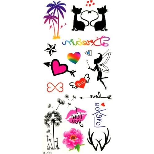 Heart to Heart Waterproof Temporary Tattoos Men Fake Tattoo Tatuaje Temporal Henna Tattoo Stickers Black Cat Kids Tatoo kiss