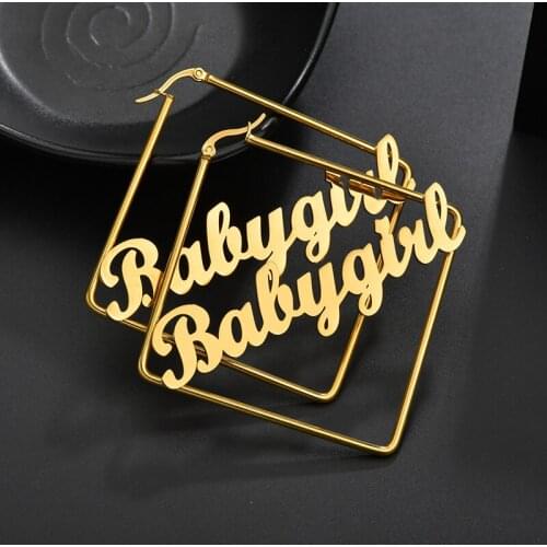 High Quality Personalized Name Earring For Women Girls Stainless Steel Square Customized Hoop Earring Best Gift