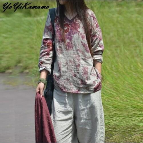 YoYiKamomo Cotton Linen Ladies Tops Women Shirt 2018 Maxi Autumn Spring Original Printing Loose V neck Brief Loose Women Tops