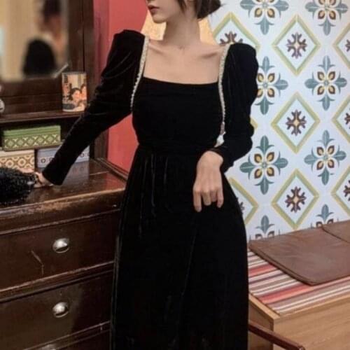 2021 Autumn Black Midi Dress Women Long Sleeve Velvet Y2k Dress Korean Fashion Evening Paty Dress Office Lady Bandage Design