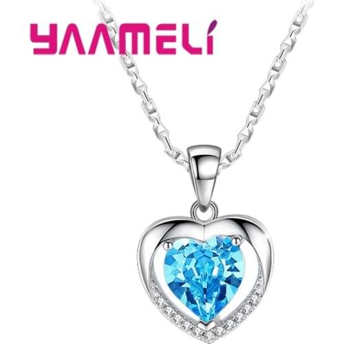 Unique Ocean Blue White Zircon Crystal 925 Sterling Silver Heart Pendant Necklace Women Lady Party Christmas Accessory