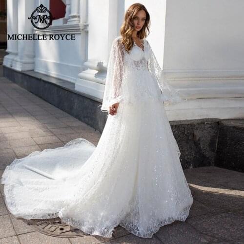 Michelle Royce A-Ling Wedding Dresses 2020 Sexy V-Neckline Flare Sleeve Appliques Chapel Train Bridal Gowns Vestido De Noiva