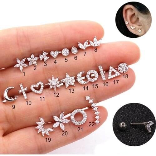 1Piece New Moon Flower CZ Ear Piercing Jewelry Cartilage Stud Earrings Stainless Steel Daith Helix Tragus Rook Conch Studs