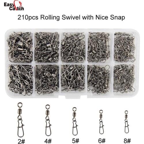 210Pcs Rolling Fishing Swivel With Nice Snap Brass With Black Nickle Rolling Swivels Hard Fishing Lures Connector Set With Box