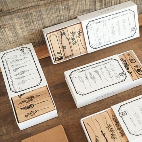 7PC Retro Vintage Wooden Rubber Seal Kit Plants Flowers Mounted Wooden Seals Set Journal Scrapbooking Craft Planner Diary Stamp