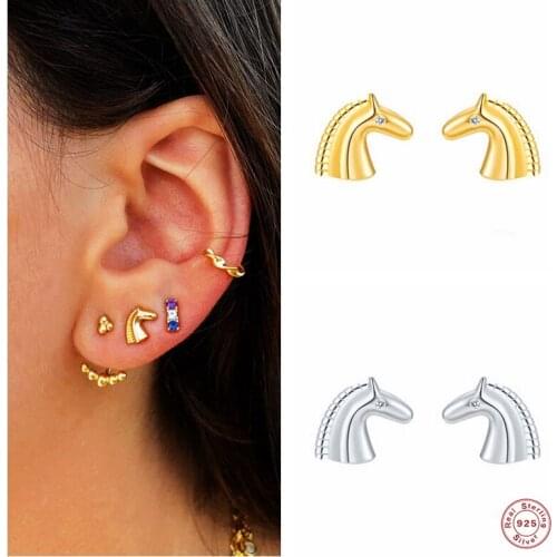 Aide 925 Sterling Silver Gold Cute Horse Head Stud Earrings For Women Girls Gift Animal Ear Stud Fine Jewelry Pendientes Brincos