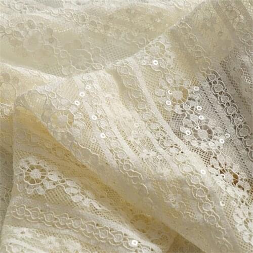 Beige Lace Fabric Sequin Embroidery White Mesh Fabric Dress Bottoming Shirt Apparel Fabric Wedding Dress Fabric