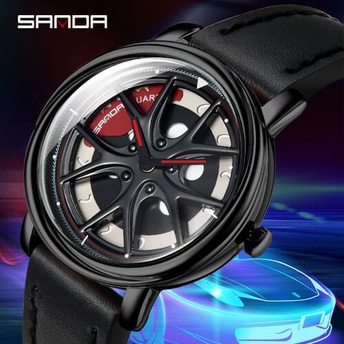 Sanda Watch Men Wheel Watch Sports Car Rotating Tire Dial Leather Strap Quartz Watch Mens Fashion Waterproof Hub Watches 2020