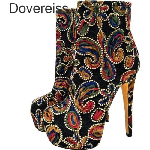 Dovereiss Fashion Womens Shoes Winter Sexy Stilettos Heels Retro Platform Round toe Embroidery Zipper Mature Ankle Boots 42 43